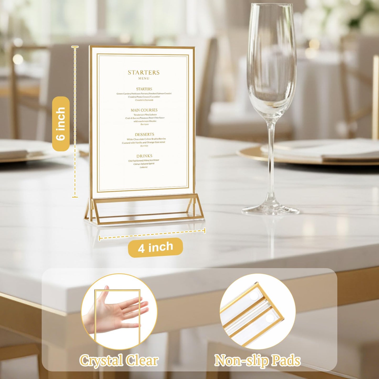 EHWINE 8 Pack 4×6 Clear Acrylic Sign Holder with Gold Borders and Vertical Stand, Double Sided Table Menu Holders Picture Frames for Wedding Table Numbers, Restaurant Signs, Photos and Art Display