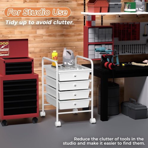 4 Tier Utility Rolling Cart with 4 Drawers Multipurpose Rolling Storage Cart with Wheels and Handles for Office Classroom Kitchen Bathroom Bedroom Organization White