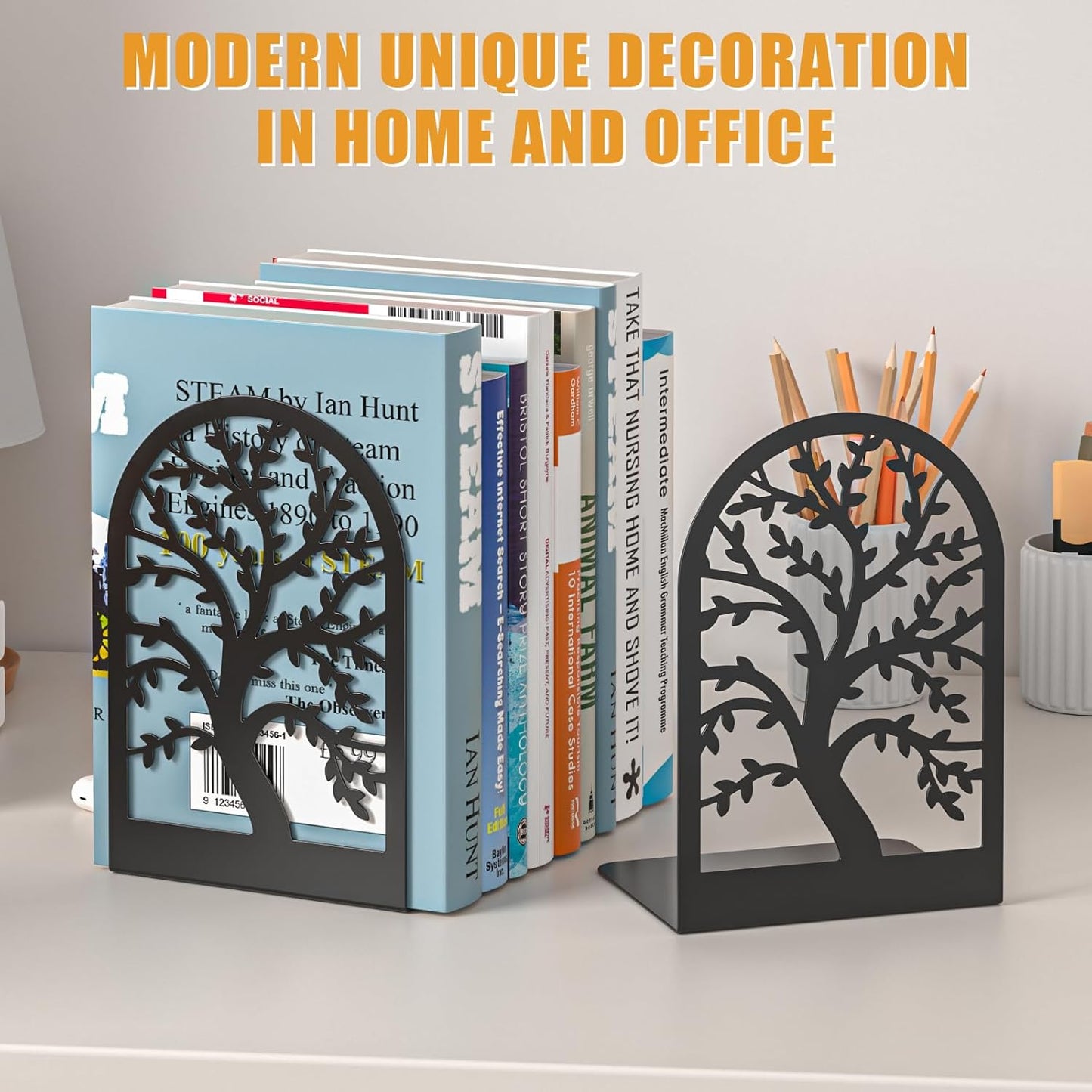 VFINE Black Metal Bookends - Heavy Duty Decorative Bookends for Shelves | Modern Design (2 Pairs)