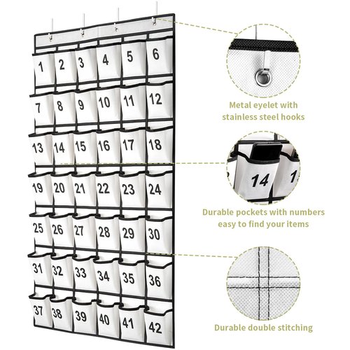 SAVERHO 42 Pockets Numbered Classroom Pocket Chart for Cell Phones, Hanging Pocket Chart Storage for Classroom Phone Calculator Holder with 4 Hooks and 42 Clear Numbers Printing (White-42pockets)