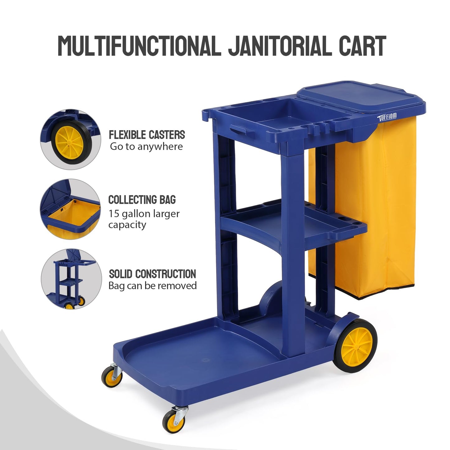 TUFFIOM Commercial Traditional Cleaning 3-Shelf Janitorial Cart, 500 Lbs Capacity Housekeeping Cart, Wheeled with Yellow VinylBag and Cover w Lid, Blue,