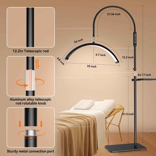 Fitlume Lash Light for Eyelash Tech, Gooseneck Floor Lamp Led Half Moon Ring Light for Eyelash Extensions, Tattoo Artist, Nail Tech, Esthetician, Cool/Warm Modes, Dimmable Brightness, Movable Tray
