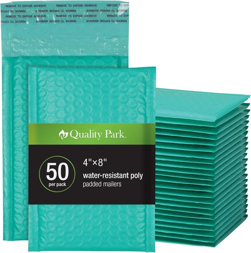Quality Park Bubble Mailers - Self-Seal Teal Padded Shipping Envelopes, 4 x 8 Inches, 50 Count