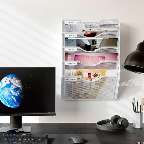 PAG Hanging Wall File Holder, 5 Tier Mail Sorter for Wall, Mesh Office Wall Organizer For Papers/Folders/Files Clipboard & Magazine, White