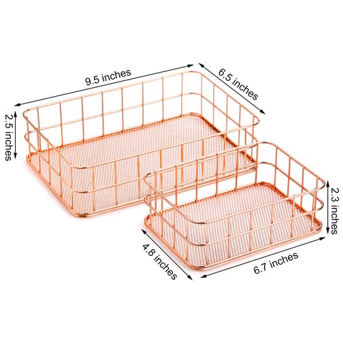 Hacaroa 4 Pack Rose Gold Wire Mesh Basket, Metal Desk Drawer Organizer Desktop Holder Tray for Cosmetic, Stationery, Magazines, Fruit Snacks, Home, School, Office, 2 Size