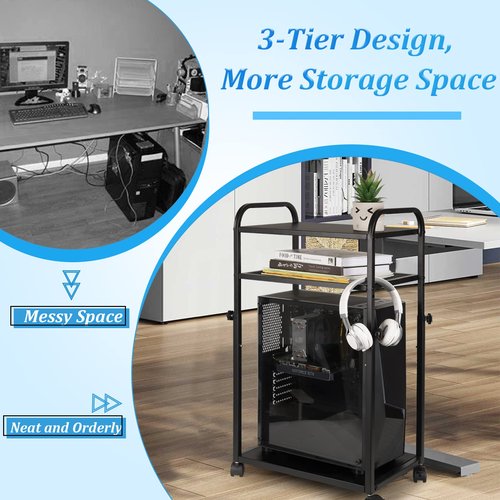 Bfttlity Height Adjustable Computer Tower Stand, PC Stand 3-Tier Mobile CPU Holder Cart Under Desk with Locking Caster Wheels for Office Home Gaming Accessories