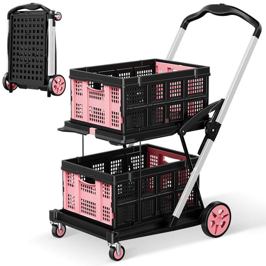Dkenicor Collapsible Shopping Cart, 8-in-1 200LBS Multi Functional Utility Cart with 2 Storage Crate,Adjustable Handle Grocery Cart on Wheels for Shopping/Warehouse/Office/Supermarket