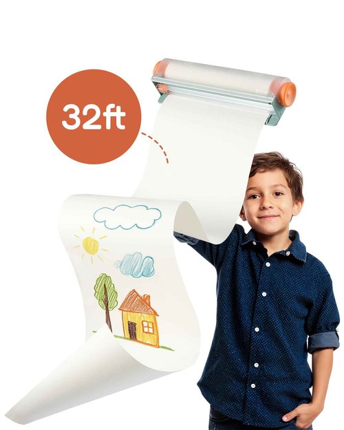 InspoRolle Refillable Paper Roll Dispenser for Kids – 11" x32ft Drawing Paper Roll for Doodling, Art, Crafts, Learning & Classrooms – Safe Cutter + Magnetic Lid (Orange)