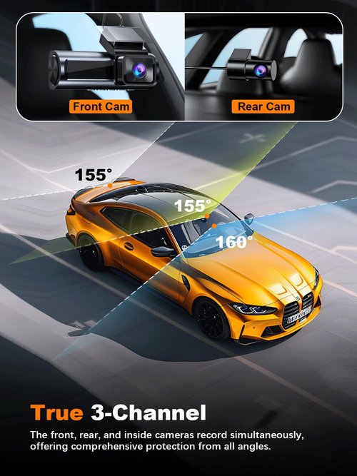 Nanoby 4K 3 Channel Dash Cam Front and Rear Inside, Built-in 5.8GHz WiFi GPS, 64GB Card Included, 4K+1080P+1080P Dash Camera for Cars, 3.18'' IPS Screen Dashcam with G-Sensor, 24H Parking Monitor