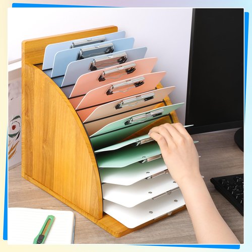 Seajan 13 Pcs Wooden Clipboard Holder Set Include 1 Organizer with Raised Side Panel 12 A4 Letter Size 12'' Plastic Clipboards for Classroom Office School Teacher Assembly Required(Morandi)