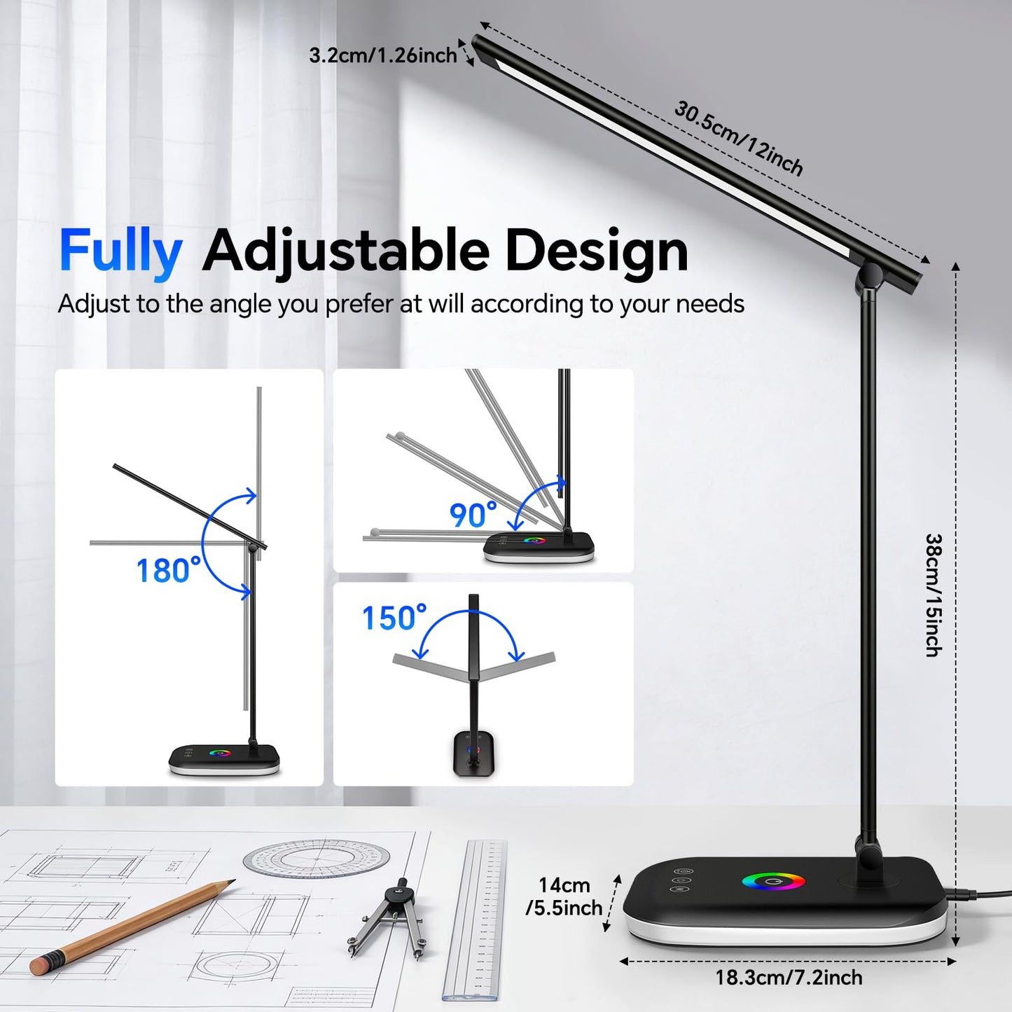 Bright LED Desk Lamp for Office Home, 10%-100% Dimmable Brightness & 5 Color, 800 Lumen Puzzle Light, Eye Caring Desk Light for Reading, Craft, Puzzl, Daily Use | USB desk lamp | 45 Min Timer | RGB