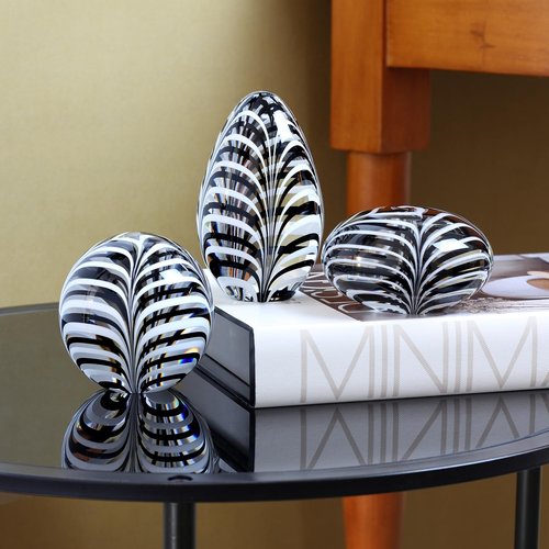 Ca D Oro Egg Glass Paperweight Black and White Feather Pattern Hand Blown Murano-Style Art Glass