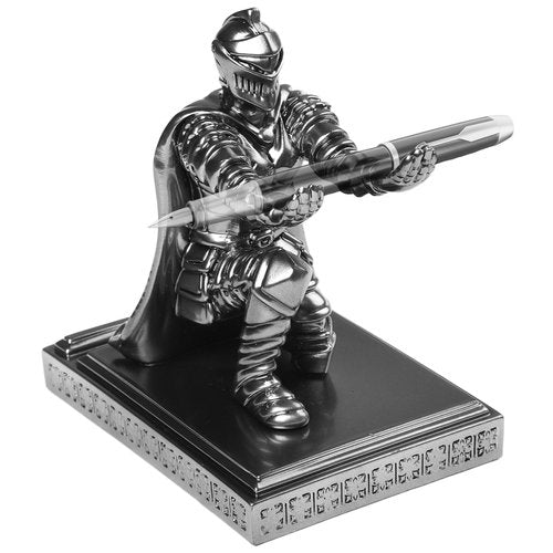 FACULX Windbreaker Soldier Knight Pen Holder Stand, Resin Mobile Phone Stand Desk Organizers, Medieval Style Office Desk Accessories Gift for Boyfriend Husband Dad Son, Silver (Not Include Pen)