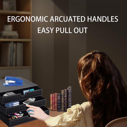 XNONE PU Leather Desk Organizer with 3 Drawers,Executive Office Supplies Desktop Filing A4 File Cabinet/Holder for Jewelry/Bill/Paper/Documents/Makeup Home Decor Stationery Storage Box,Black