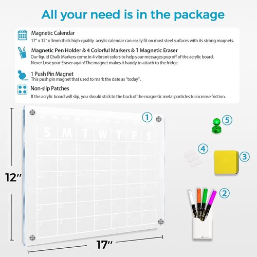 Magnetic Acrylic Calendar - 17"x12" Clear Dry Erase Board for Refrigerator | Includes 4 Markers & Eraser