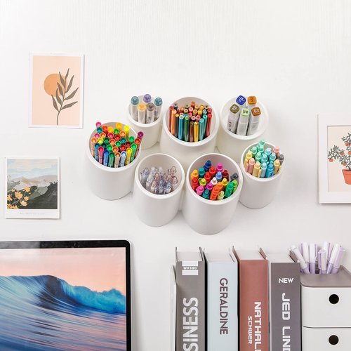 Yesesion Aesthetic Pencil Holder for Desk, Large Decorative Adhesive Wall-Mounted Pen Organizer with 7 Compartments, Round Marker Case Stand for School Supplies, Office, Home, Art, Stationery (White)