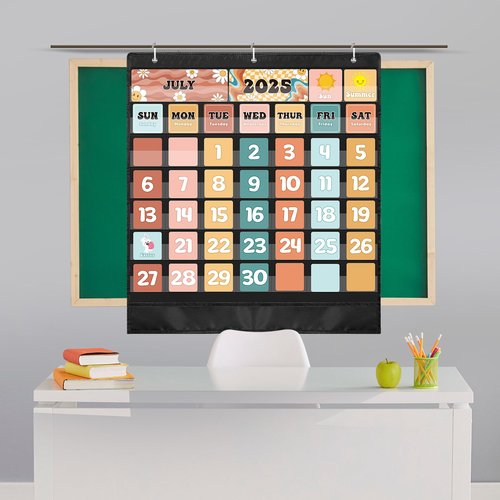 Pasimy Classroom Calendar Pocket Chart Retro Groovy Bulletin Board Set Boho Daisy Seasons Festival Weather Calendar Set for Classroom Decoration Back to School Supplies(Classic)