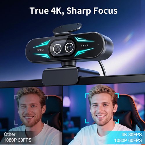 EMEET C60E 4K Dual-Camera Webcam - Wide-Angle & Telephoto, 11X Hybrid Zoom, RGB Lighting, 2 Mics