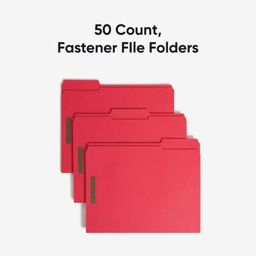Smead Fastener File Folders, 50 Count, Red, Reinforced 1/3-Cut Tabs, 2 Fasteners, Letter Size (12740)