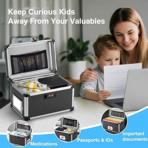 LOCKCURX 13.4 x 8 x 8.7 Inch Lockable Storage Box with Combination Lock, Portable Safe for Documents, Medicine, Cash & Valuables, Medicine Lock Box with Label Slot for Home, Office & Travel - Black