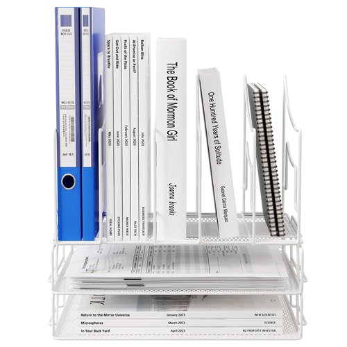 superbpag Desk Organizer, Stackable Letter Tray with 5 Section Vertical File Organizer, Mesh Desktop File Sorter for A4/A5 Paper/Document/Magazine/Mail/Bill, White