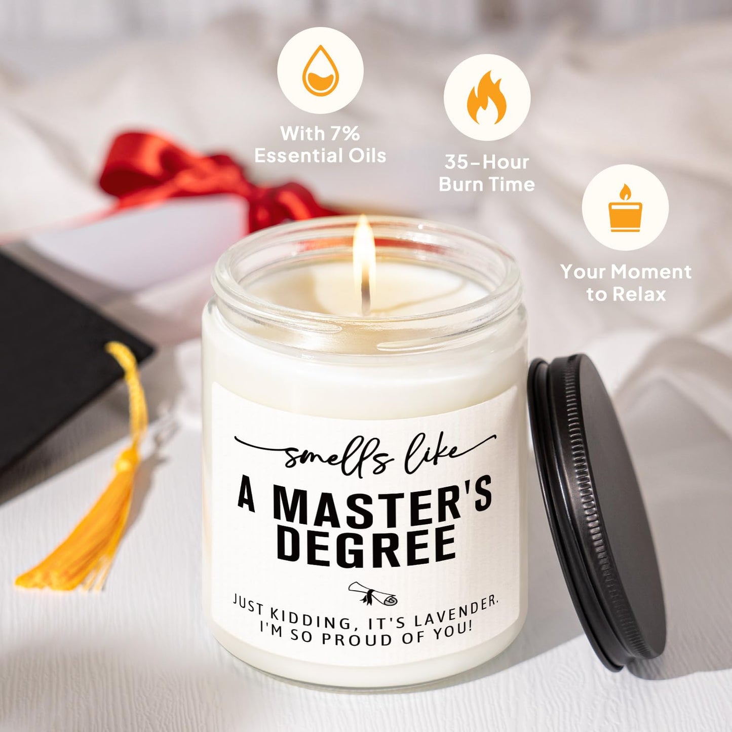 Musaecoin Masters Degree Graduation Gifts- Funny Masters Degree Candle with Mortarboard- Graduation Gift for Her/Him/Graduates, Grad Gift for Women/Men, Lavender, Soy Wax