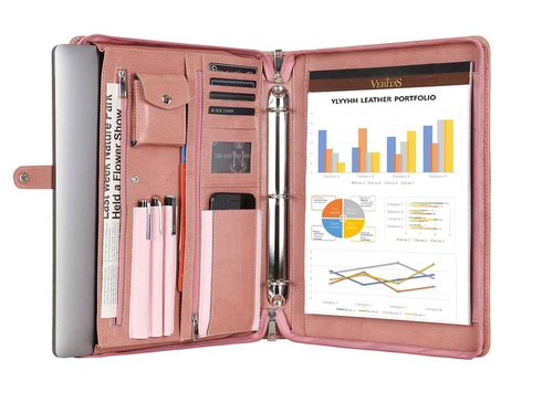 Pink Leather Padfolio for Women, Business Leather Binder 3 Ring Portfolio, Personalzied Leather Portfolio Binder, Zippered Portfolio Organizer for A4 Letter Size Notepad & 13-inch Laptop/Tablet