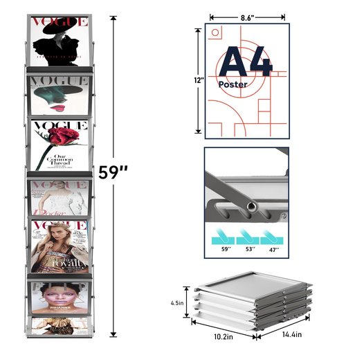 Aluminum Folding Magazine Rack with 6 Pockets, Floor-Standing Exhibition Display Stand, Perfect for showcasing brochures, magazines, and flyers in trade shows, offices, libraries, and reception areas