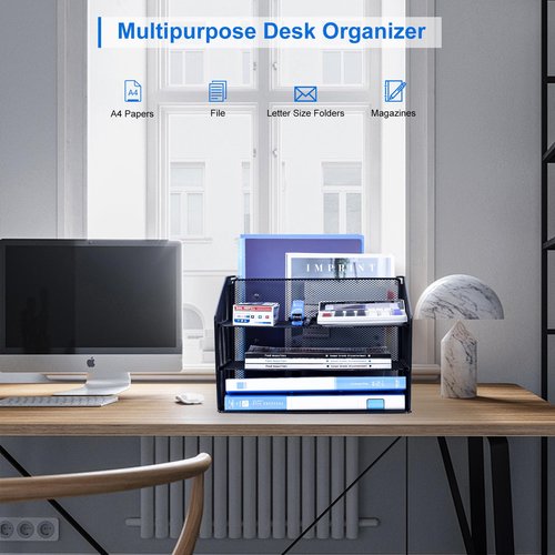 EasyPAG Mesh File Organizer for Desk, 3-Tier Paper Tray Organizer with Screw-Free Assembly & Letter Size Hanging File Holder, Metal Desk Organizer for Office Supplies, Documents, Folders, Black