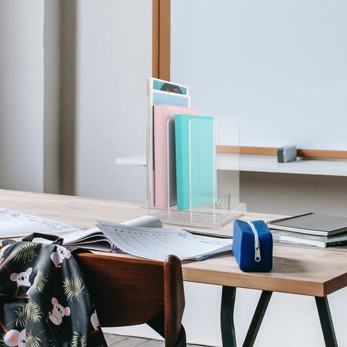 Homakover Acrylic Desk Organizer and File Organizer, 3 Slots Desktop File Organizer Standing Rack on Table for Magazines, Binders, Mails & CD Records Storage Holder with Detachable Dividers