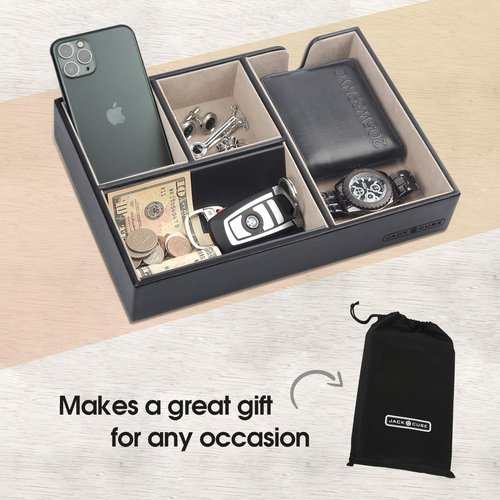 JACKCUBE DESIGN - Valet Tray Multi Leather, Desk or Dresser Organizer, Catch-all for Keys, Phone, Wallet, Coin, Jewelry and Nightstand(Black, 10.6 x 7.2 x 1.9 inches) - :MK233A
