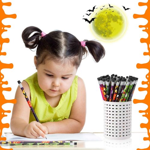 Hicarer 400 Pcs Halloween Pencils Bulk, Cute Wooden Pencils with Eraser Various Assorted Patterns Holiday Stationery Pumpkin Ghost Black Cat Halloween Party Favors Kids Office School Supplies