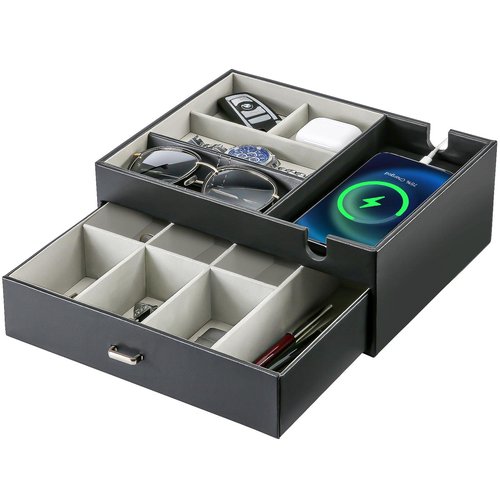 ProCase Father's Day Gift 2 Layers Valet Tray, Nightstand Organizer EDC Dump Catchall Trays with Phone Charging Station, Dresser Top Table Beside Entryway Storage Box -Black