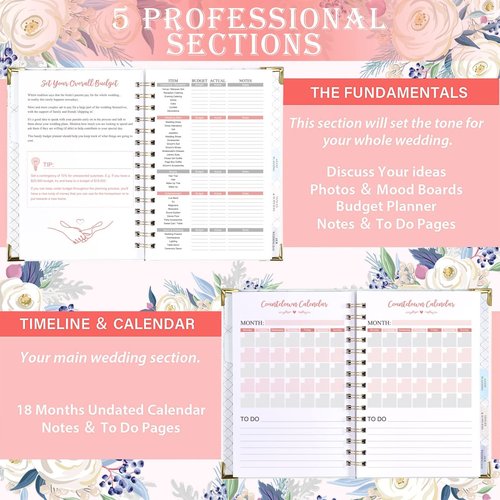 Tullofa Wedding Planner - Wedding Planner Book and Organizer for The Bride with 5 Tabbed Sections, 6.5" x 8.75", Hardcover with Metal Corner + 5 Inner Pocket + Sticker + Notes Pages - Purple White