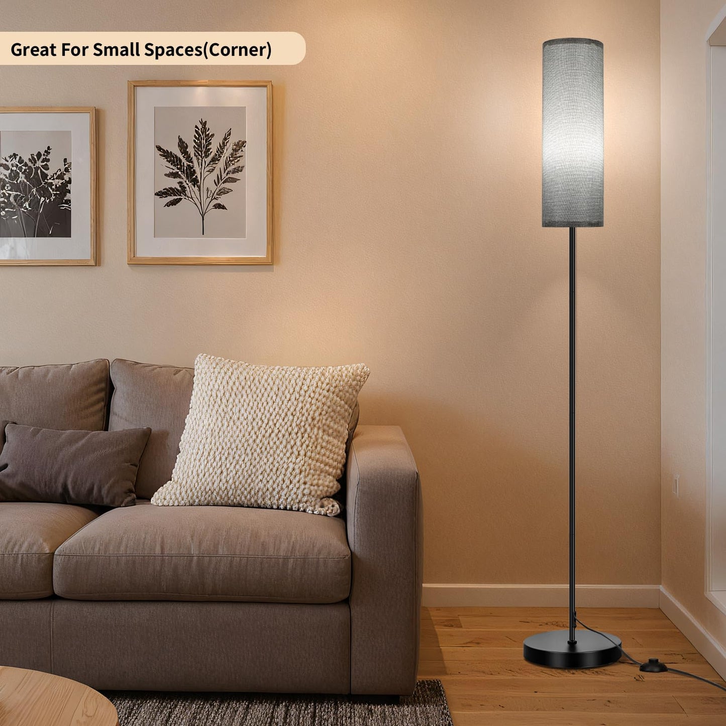 FRIDEKO HOME Grey Shade Floor Lamp, Simple Design with Foot Pedal Switch, Small Tall Lamps for Living Room Bedroom Office, Corner Floor Stand Light with Black Pole Lamp (No Bulb/No Remote)