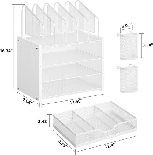 Marbrasse Desk Organizer - 4-Tier Wooden File Holder with Drawer & 5 Vertical Slots | White Home Office Accessory