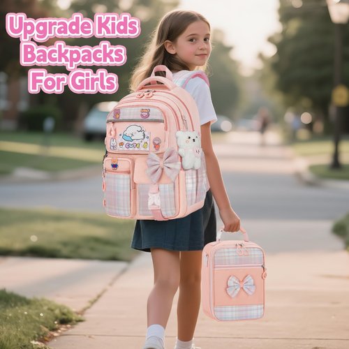 LEWKANA Girls Backpack with Lunch Box Set, 5pc Pink Cute Kawaii Bookbag for Teens, Aesthetic School Backpack for Elementary