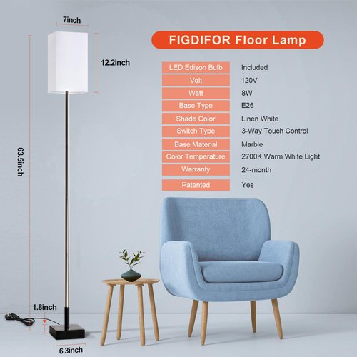 FIGDIFOR Floor Lamp, 3-Way Touch Control Dimmable Standing Lamp with Sturdy Marble Base, Brushed Nickel Touch Floor Lamp Tall Lamp with Square Linen Shade for Living Room, Bedroom, LED Bulb Included