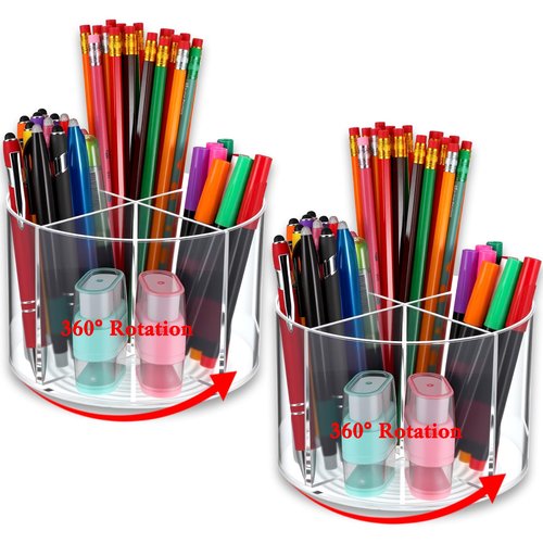 2 Pcs Small Pencil Organizer for Desk Acrylic 4 Compartments, Tiny Rotating Art Supply Organizer Kids, Round Marker Organing Clear Desktop Organing Caddy Swivel Office Pen Pencil Holder