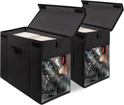 Comic Book Storage Box - 2 Pack Collapsible Organizer with Lid & Clear Window | Heavy Duty Black