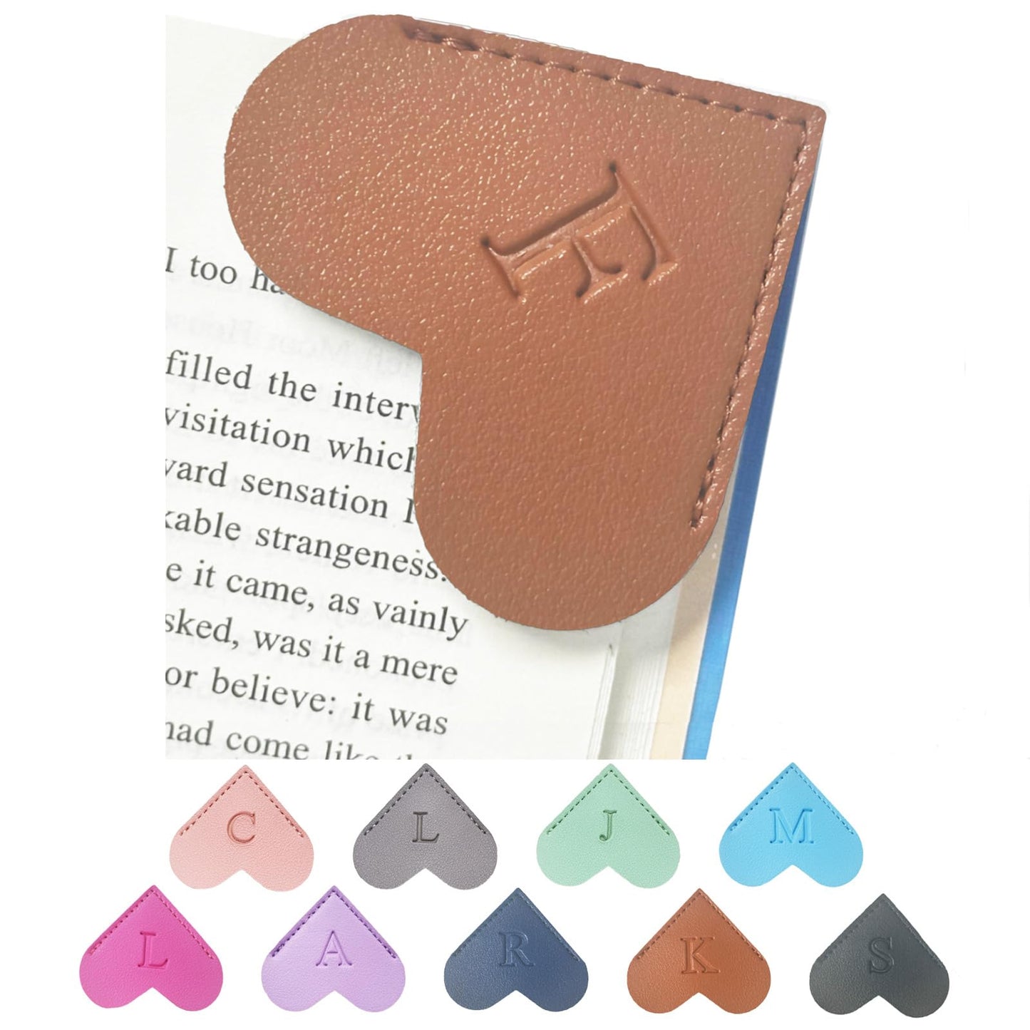 MOTEERLLU Personalized Leather Heart Bookmark with Initials, Handmade, Cute Custom Corner Book Marks for Reading Women, Teachers, Students, Book Lovers Gifts, Book Accessories (Brown F)
