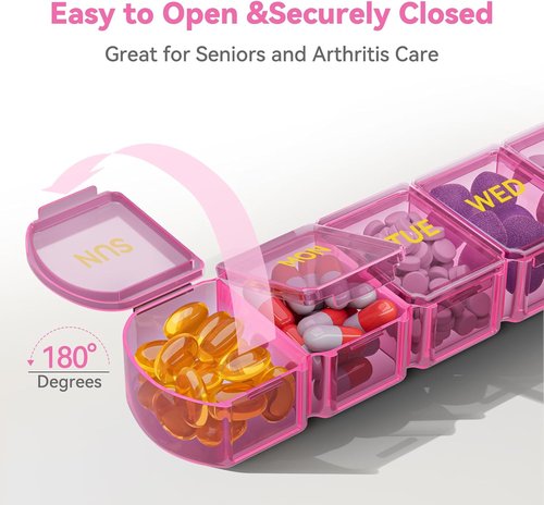 SHIJOINYU Large Weekly Pill Organizer - 7 Day Easy-Open Medicine Box for Vitamins & Supplements - Pink