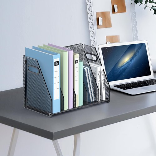 VEESUN Desk File Organizer, 5 Vertical Compartments Metal Magazine and Binder Holder, Office Home School Desktop Organizer, Black