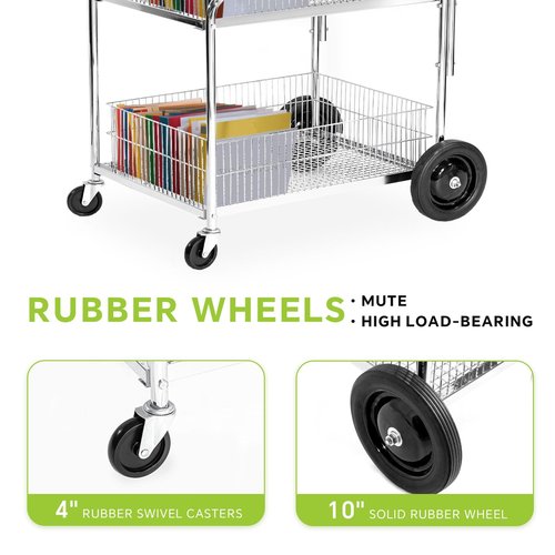 File Cart with Wheels. Heavy-Duty Steel Mail Cart, for Home Office, Laundry, Grocery, Shopping, Restaurant, 23.9" D x 33.46" W x 38" H