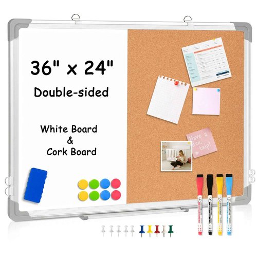 AMUSIGHT 36" x 24" White Board & Cork Board Combo for Wall, Magnetic Double-Sided Dry Erase Board Cork Board Combination Hanging Whiteboard for Planning, Memo, School, Home, Office