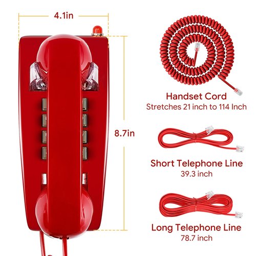 Sangyn Retro Wall Phones for Landline with Mechanical Ringer Corded Telephone Wall Mounted with Indicator Waterproof Old Style Landline Phones for Home Kitchen, Red