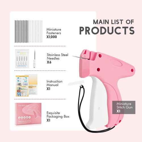 Stitch Gun for Clothes, Handheld Tagging Gun for Quick Clothing Fix, Sewing Kid Tag Attacher Gun, Includes 6 Needles, 500 Black Miniature Fasteners and 500 White Miniature Fasteners