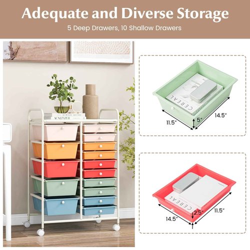 HOMGX Storage Cart with 15 Drawers, 15 Tier Multicolor Rolling Cart, File & Debris Storage Drawers on Lockable Wheels, Rolling Drawer Cart for Office/School/Home, Macaron