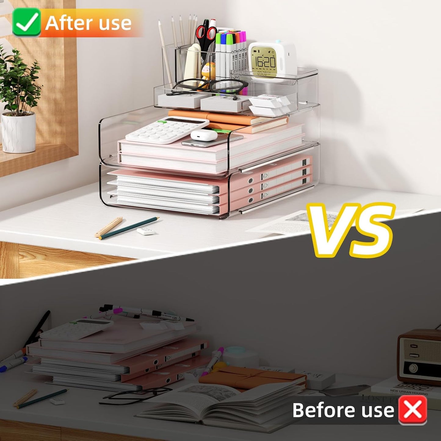 YKLSLH Paper Organizer - Clear Acrylic Stackable Desk File Tray with 5 Compartments & Pencil Holder