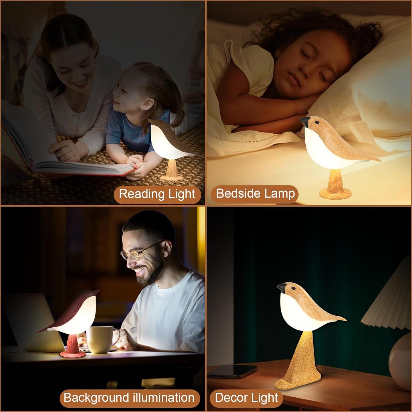 VoMii Small Bird Table Lamp - Touch & Remote Control, 3-Color Dimmable, Rechargeable Night Light | Cute Bedroom Decor